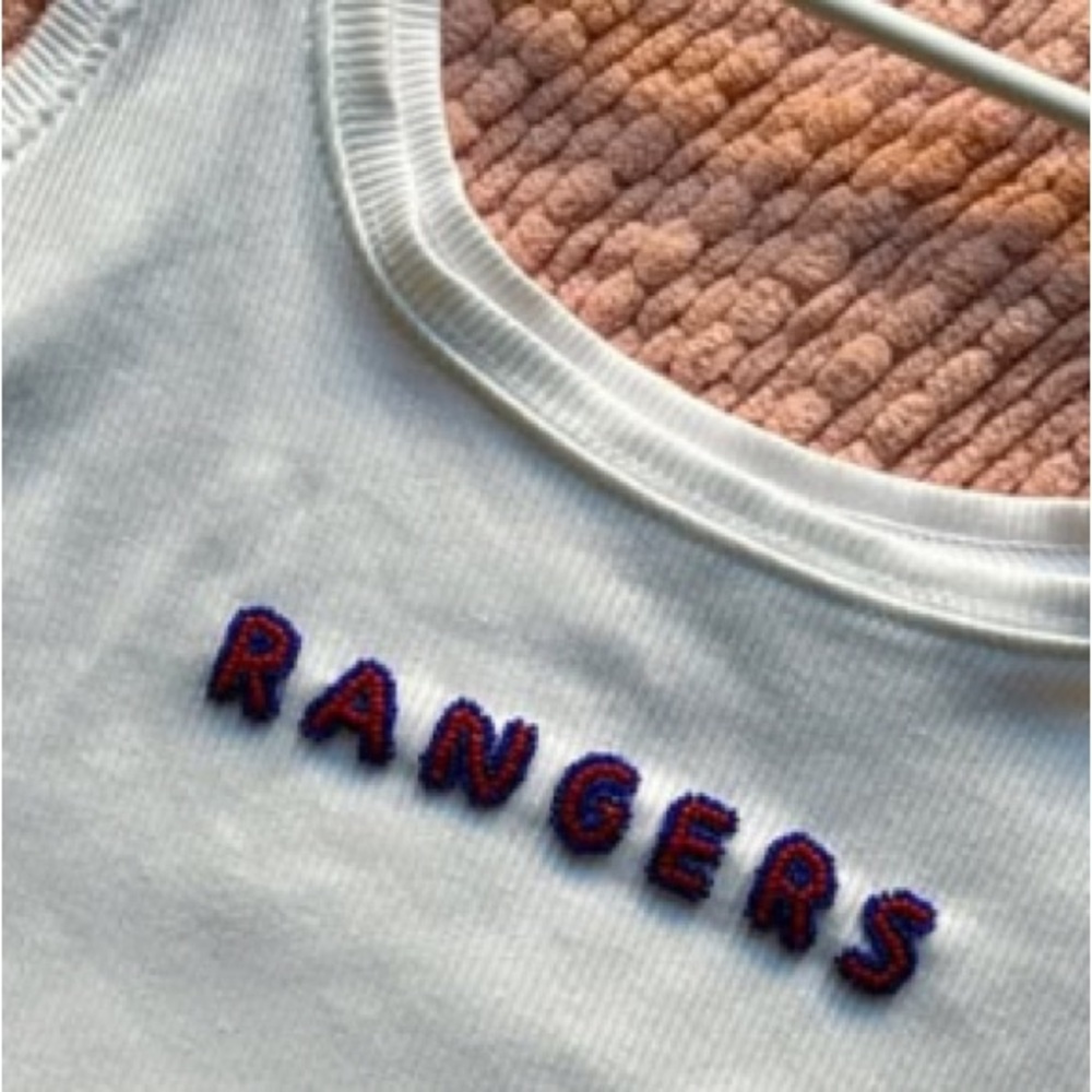 Rangers beaded White Tank Top with Blue and Red Rangers embroidery